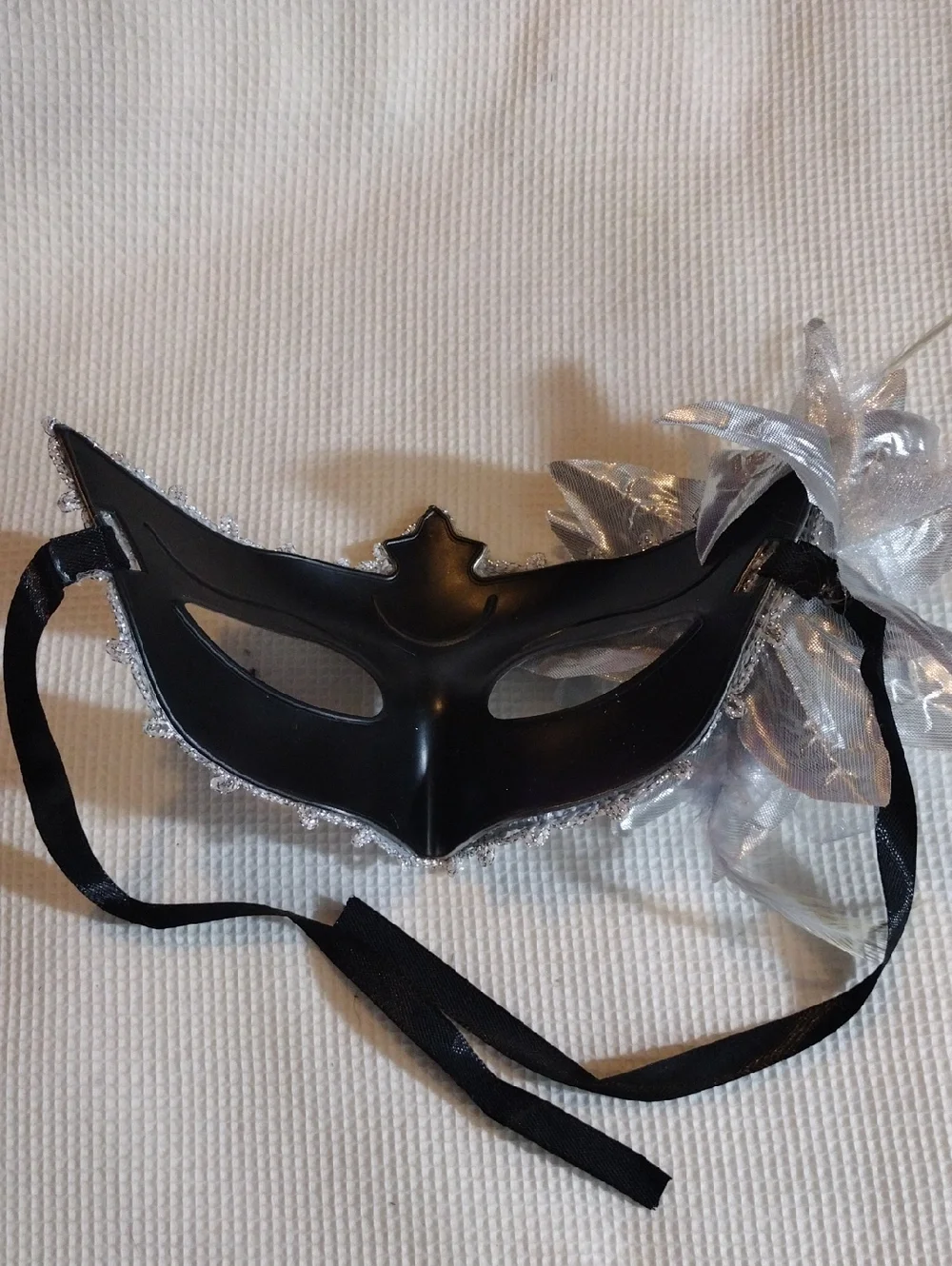 Silver Sequin Masquerade Mask with Fabric Flower